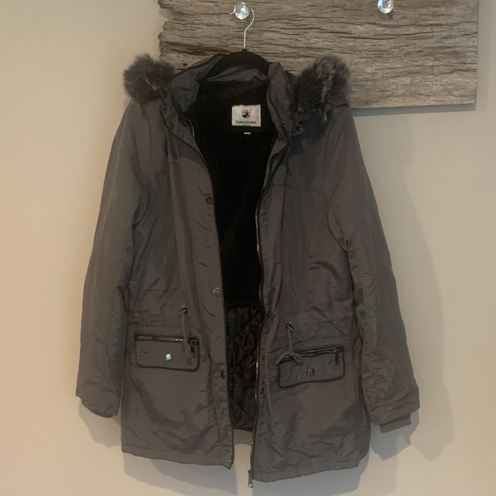 Women's Gray Parka Coat with Faux Fur Hood